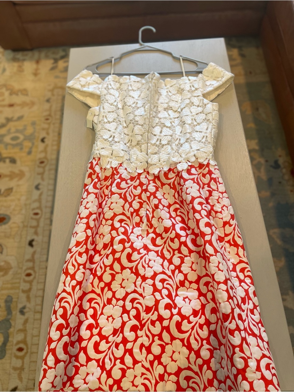 White Lace & Red Floral Women’s Off-Shoulder Dress. Designer Scaasi.